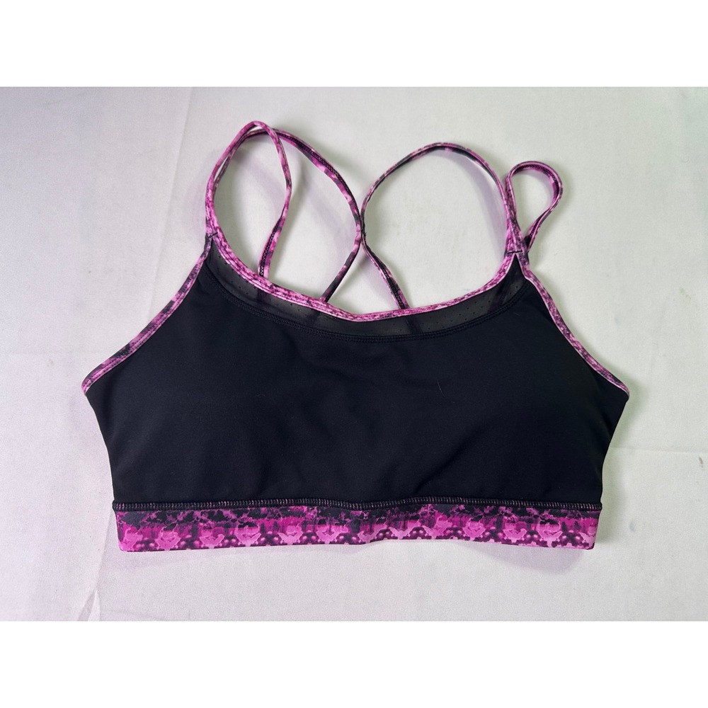 Gaiam Womens Pink Black Abstract Paisley Strappy Yoga Sports Bra Mesh Back Large
